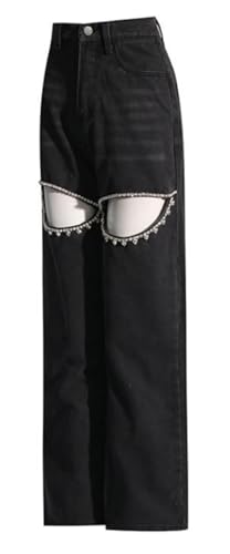 Cut Out Jeans for Women Straight Leg High Waisted Ripped Rhinestone Pearl Beaded Denim Pants2