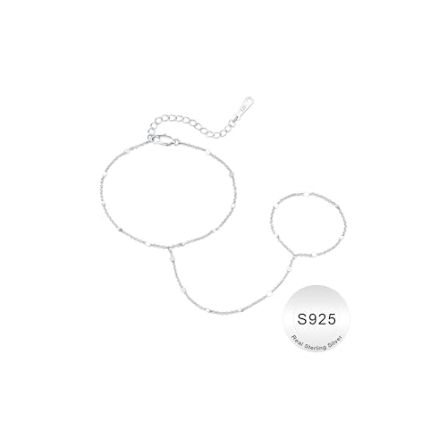IEFWELL S925 Sterling Silver Hand Chain Bracelet for Women - Dainty Satellite Beads Cable Twisted Sequins Hand Chain Bracelet Finger Ring, Sterling Silver Jewelry Gifts for Her