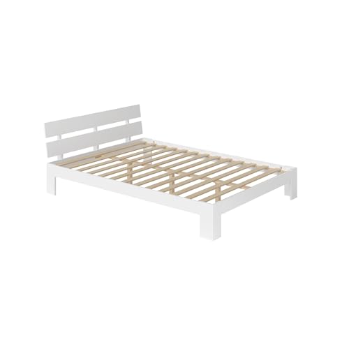 Bellamio Kavir Holzbett 140x200 cm – Massivholzbett mit Lattenrost – Bett aus Kiefer Massivholz in weiß lackiert – Bettgestell mit Bettkopf – Stabiler Bettrahmen bis 180 kg – geeignet als Doppelbett