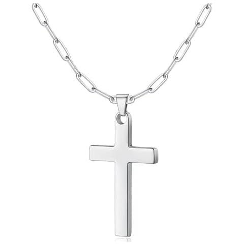 Tanyoyo Stainless Steel Chain Cross Necklace for Men Wemon, Mens Cross Necklaces with 3.0mm Chain and Cross Pendant, Paperclip Chain 16-24 Inch (Silver cross: 2.1" * 1.2", 22 Inches) Cover