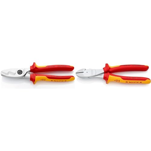 Knipex Kabelschere mit Doppelschneide verchromt, isoliert mit Mehrkomponenten-Hüllen & Kraft-Seitenschneider, verchromt, 200 mm, VDE