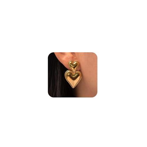 Gold Heart Drop Earrings, Double Heart Statement Dangle Earrings for Women
