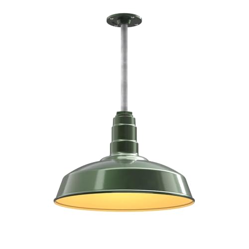 Image of Steel Lighting Co. Carson Barn Light | Ceiling Mounted Pendant | 16 inch Dome | 12 inch Galvanized Stem | Industrial Style Steel Light Made in America | Hunter Green Exterior /Brass Interior