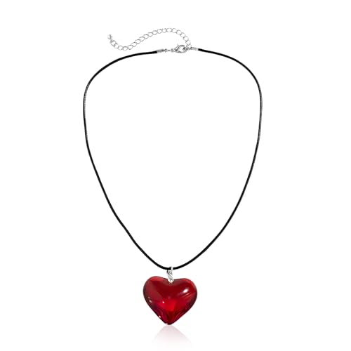 IBEIKE Collar de corazón rojo para mujeres y niñas, hermoso colgante de corazón de cristal rojo grueso, collar de cristal rojo Y2K con cadena ajustable para su aniversario, cumpleaños, Año Nuevo,