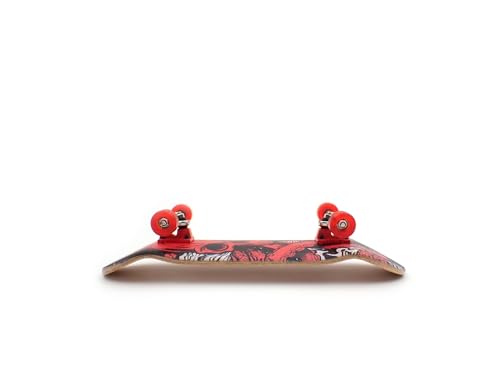 SPITBOARDS® 32 * 96 mm Fingerboard Complete Wood Set-Up Assembled, 5-Layers, Silver Trucks with Bushings and Nuts, Transparent CNC Bearing Wheels, Lasered Foam Grip Tape Red Octoskull