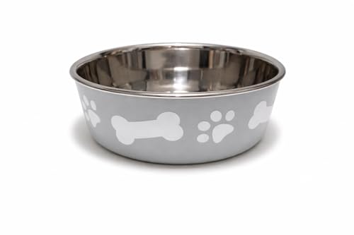 Image of Pet Guru Non-Slip Stainless Steel Dog Bowl, Paw and Bone Design, Food & Water Safe, Available in Small, Medium and Large For Dogs & Puppies (Grey, Medium)