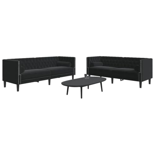 Mimdixy Sofa Wohnzimmer Relaxsofa,2-TLG. Chesterfield-Sofa-Set mit Nackenrollen Schwarz Samt