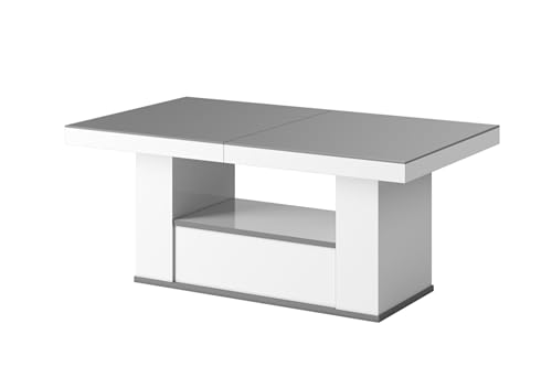 designimpex HM-111 Couchtisch Grau Hochglanz/Weiß Hochglanz ausziehbar höhenverstellbar 120/170cm Schublade modern Wohnzimmertisch Esstisch Beistelltisch Sofatisch platzsparend hochwertig Wohnzimmer – Bild 4
