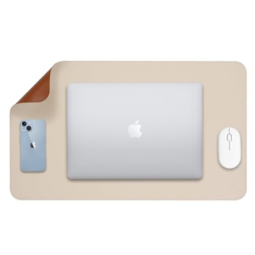 Image of AROPANA Vegan Leather Desk Mat | Large Reversible Mouse Pad & Computer Table Protector | Dual-Side Waterproof Extended Laptop Pad with Edge-Stitched Design (60x35CM, White and Coffee)