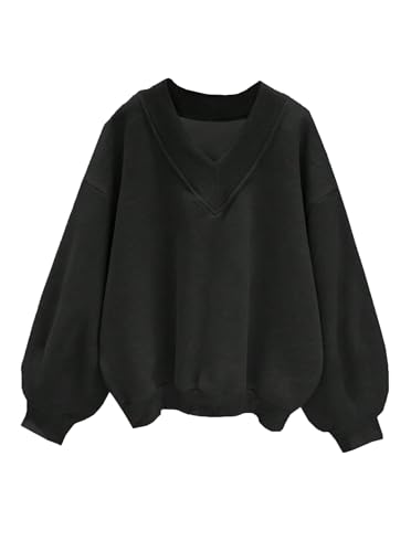 Remidoo Women's Casual Oversized V Neck Long Sleeve Pullover Sweatshirts Black X-Large