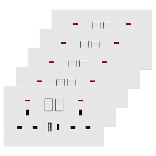 BSEED Double Socket with USB C 5 Pack, Electrical Double Switched Power Plug Wall Socket with LED Indicator, PC Wall Plate Outlet, White, 13A