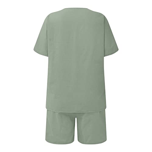 Linen Sets For Women Summer 2 Piece Outfits Solid Color Elastic Waist Suit Short Sleeve Round Neck Hawaiian Tops & Shorts Sets Plus Size Tracksuits Casual Lounge Sets Boho Matching Sets For Beach #TOP4