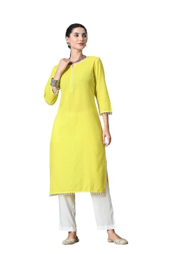 Image of Amazon Brand - Tavasya Women Cotton Katha Straight Regular Fit Kurta | Solid Ethnic Kurti | 3 /4 Sleeve Casual & Office Wear |Kurta for Women