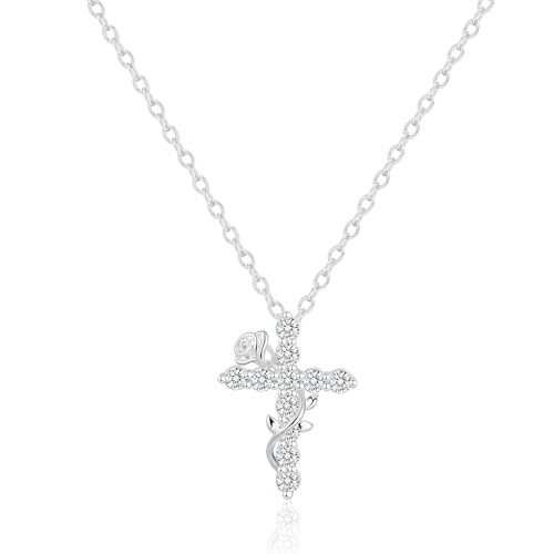 Rotnso Cross Necklace for Women Sterling Silver Plated Dainty Rose Diamond Cross Pendant Choker Trendy Simple Cute Small Cross Charm Chain Faith Jewelry Easter Christian Baptism Religious Gift