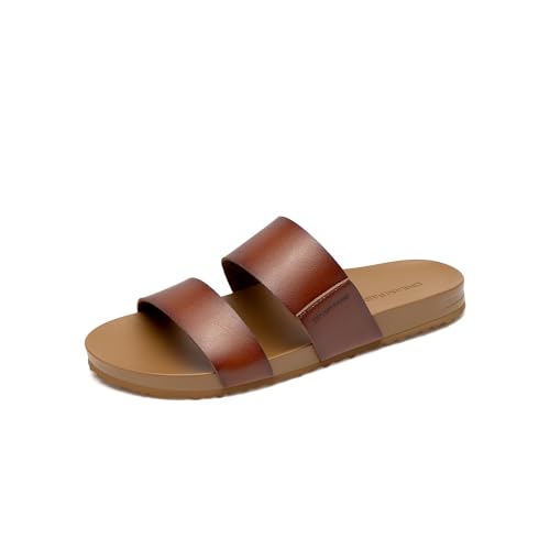 Image of DREAM PAIRS Women's Open Toe Slides Sandals Comfortable Arch Support Footbed Two Strap Slip-on Fashion Casual Beach Vacation Lightweight Flat Sandals Summer for Women,Size 8,Brown,SDSS26003W