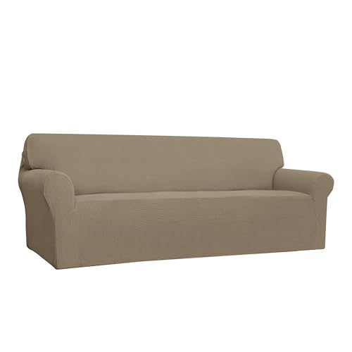 Image of Easy-Going Stretch 4 Seater Sofa Slipcover 1-Piece Sofa Cover Furniture Protector Couch Soft with Elastic Bottom for Kids, Polyester Spandex Jacquard Fabric Small Checks Natural