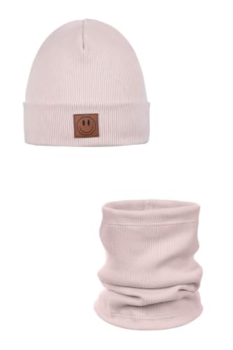 Ander Smile Mütze und Schal Set Kinder 97% Baumwolle angenehm weich - Beanie Mütze Kinder Schlauchschal Loop Schal Baumwollmütze für Jungen & Mädchen - Übergangsmütze Herbst Frühling