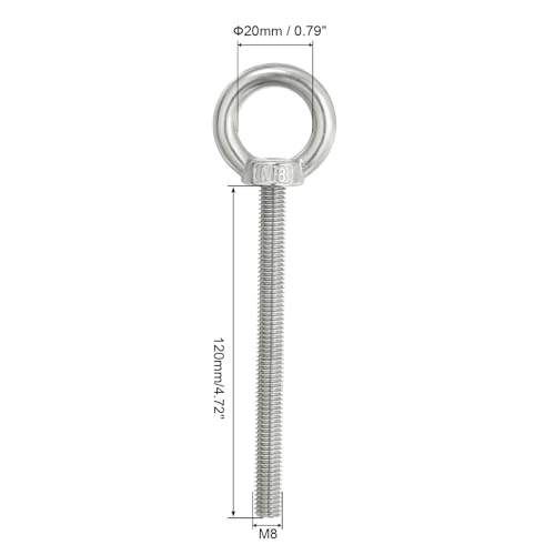 Image of PATIKIL M8 x 120mm Lifting Shoulder Eye Bolt, 3Pcs 304 Stainless Steel Lifting Ring Threaded Eyebolt with Nuts Washers for Hanging Hammocks Articles