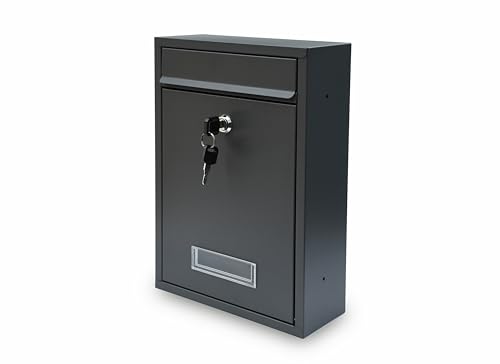 MEDAS PRO Boîte aux lettres murales, sans compartiment à journaux, anthracite, avec fenêtre de visualisation et plaque nominative, taille L, 32 x 21,5 x 8,5 cm, 2 clés, anthracite