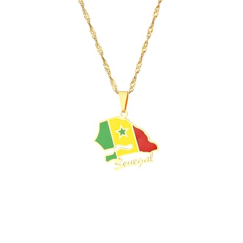 LUTAKU Collier avec pendentif carte du Sénégal et drapeau pour homme et femme - En acier inoxydable, Acier inoxydable