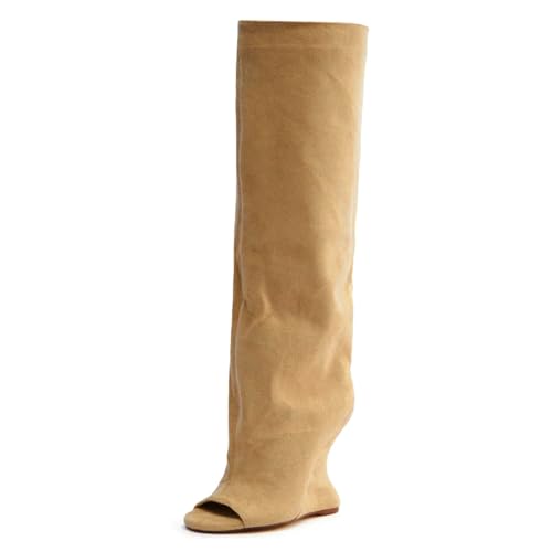 Yishaweiqi Camel Suede Knee High Boots for Women Peep Toe Wedge Boots Pull On Open Toe Summer Boots