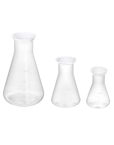 Qwork Erlenmeyer Flask, 3 Pack Clear Scale Plastic Conical Flask For Laboratory School Educational Learning Standard Capacity 50Ml+100Ml+500Ml #TOP6