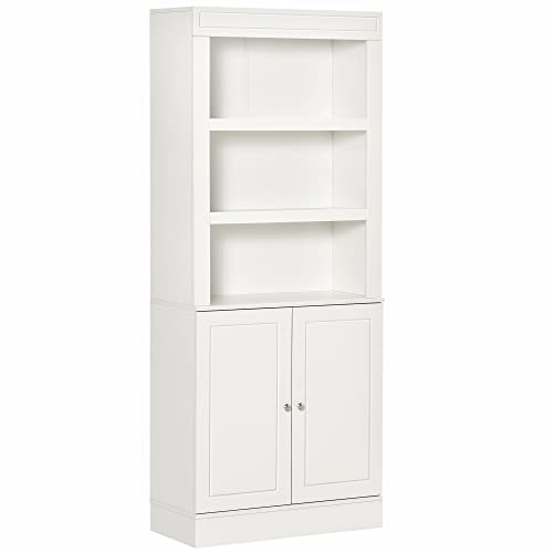 HOMCOM Kitchen Cupboard with 6-tier Shelving, Freestanding Storage Cabinet, Pantry Cupboard with 3 Open Compartments and Double-door Cabinet with Adjustable Shelves, White