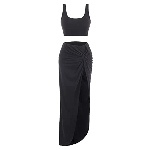 Image of ZAFUL Women's Casual Sleeveless Summer Solid Marled Crop Top and Draped Ruched Maxi Skirt Set Two Piece Dress
