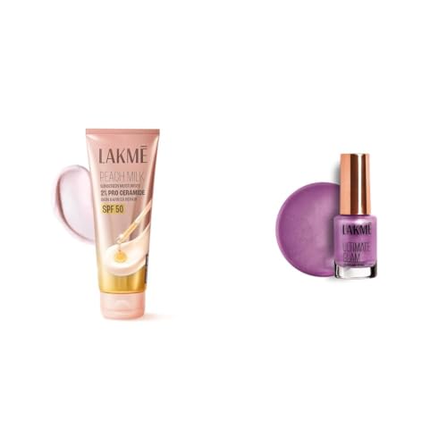 Image of Lakme Peach Milk Sunscreen Moisturiser SPF 50 PA with 2% Pro-Ceramides Peptides LAKME Ultimate Glam Chrome Nail Paint, Fuschia 6ml