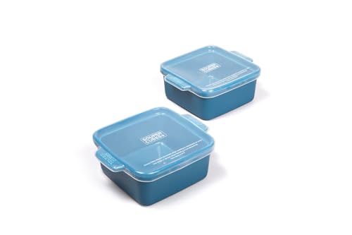 Image of Souper Cubes Stoneware - 5" x 5" Baking Dishes for Oven with Silicone Covers, Premium Mini Ceramic Baking Dishes, Perfect for Reheating Individual Portions in Oven or Microwave, Set of 2 - Blueberry