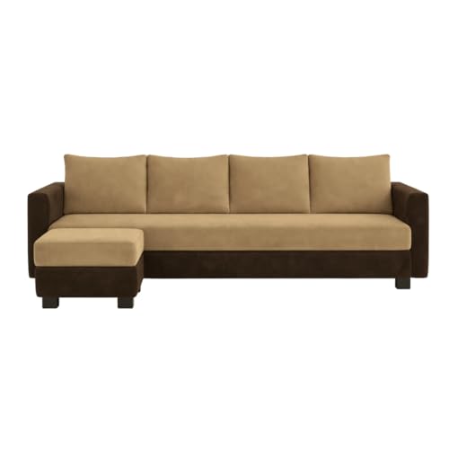 Image of SOCOZI Braven 5 Seater L Shape Sofa Set with Movable Ottoman | Flexible Layout | Soft Velvet Suede Fabric | Modern Design | Plush Comfort Cushions for Living Room (Camel Brown-Dark Brown)