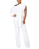 DeftSharp Womens Sexy Oblique Shoulder Long Sleeve Bodycon Jumpsuits Rompers with Belt White