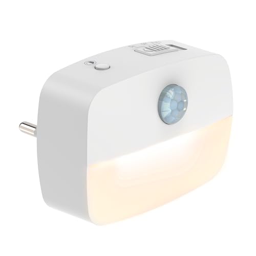 ANSMANN Veilleuse avec détecteur de mouvement et fonction crépusculaire, fiche LED, sécurité enfants et fonction d'économie d'énergie, 3 niveaux de luminosité, Blanc
