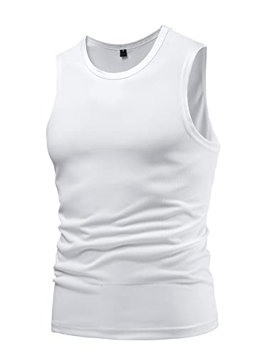 Oyoangle Men's Basic Solid Round Neck Sleeveless Tank Top Breathable Tank Undershirts White L #TOP5