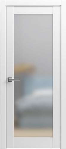 SARTODOORS - Modern Solid French Door Frosted Glass 32 x 80 inches with Handle | Planum 2102 White Matte | Single Regular Panel Frame Trims | Bathroom Bedroom Sturdy Doors