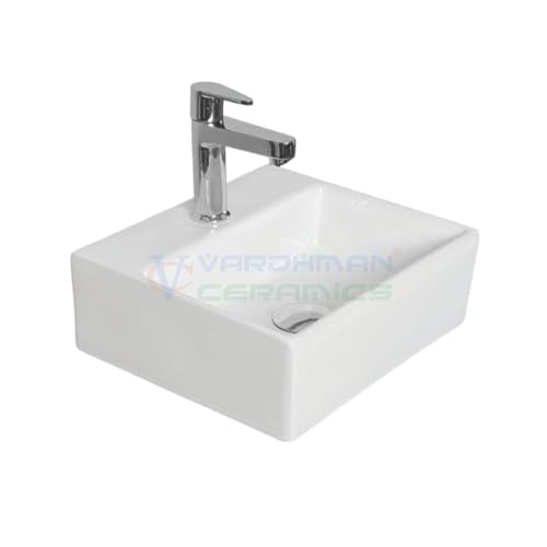 Image of Wash Basin Table Top Over Counter Vessel Sink Glossy Finish White Sink for Bathroom (13 x 12 x 5 Inch)