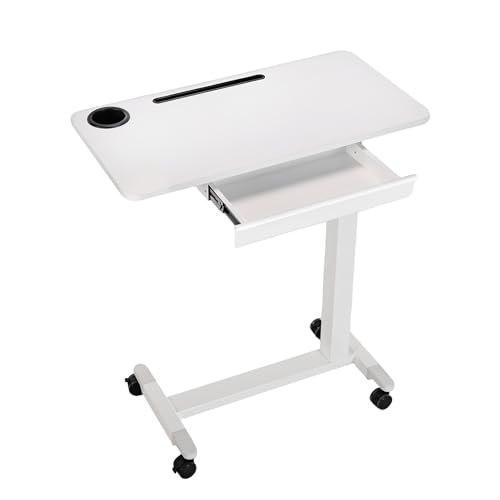 yaaqoo Height Adjustable Overbed Table with Drawer and Wheels Rolling Standing Laptop Desk Portable Bedside Tables with Slot Cup Holder Mobile Pneumatic Computer Cart White