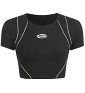 BEAUDRM Women's Letter Graphic Contrast Piping Crop Tee Raglan Sleeve Round Neck Casual Knitted T...