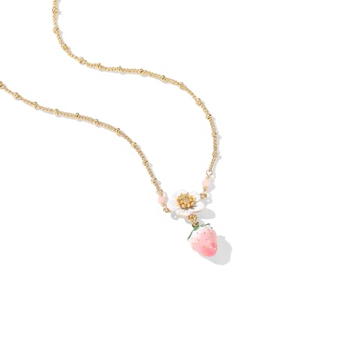 BSL juicy Pink Strawberry Pendant Necklace (Single Strawberry) - Cute Enamel Fruit & Flower Charm for Women 18K Gold Plated Dainty Aesthetic Jewelry Gift