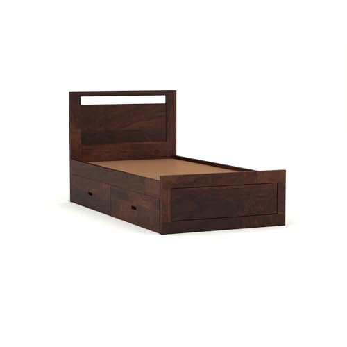 Image of Solid Sheesham Wood Bed 6X3 Single Bed with Drawer Storage for Bedroom - Single Cot Wooden BedSingle Size for Living Room Guest Room - 12 Months Warranty (Henry Walnut, 6X3 Drawer)
