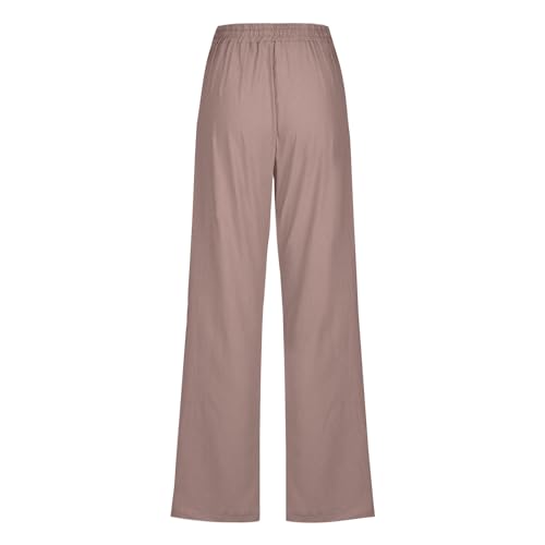 Image of Linen Pants Women High Waisted Drawstring Casual Pant Cotton Linen Straight Leg Lounge Trousers with Side Pockets