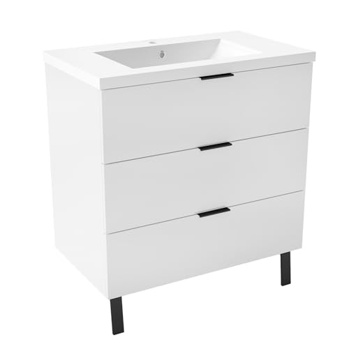 AICA Ensemble Meuble Salle de Bain 80cm avec Simple Vasque - 3 tiroirs Blanc