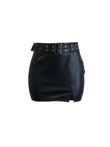 Women's Side Slit Faux Leather Mini Skirt with Belt3