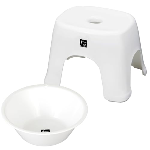 ザッカLab.日本製 風呂2点セット 風呂椅子25cm+湯桶 |風呂イス 抗菌 バスチェア バススツール 洗面器 湯おけ 椅子 白 ホワイト 浴室 プラスチック シンプル