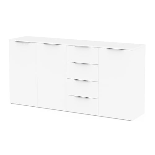 Demeyere Buffet Enfilade, 37 x 160 x 78 cm, 3 Portes et 4 Tiroirs, en Bois Recomposé Couleur Blanc, Meuble Rangement Essentiel Entrée, Cuisine ou Salle à...