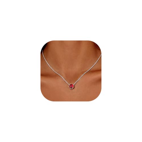 Red Necklaces for Women, Garnet Necklace, White Gold Plated Round Pendant