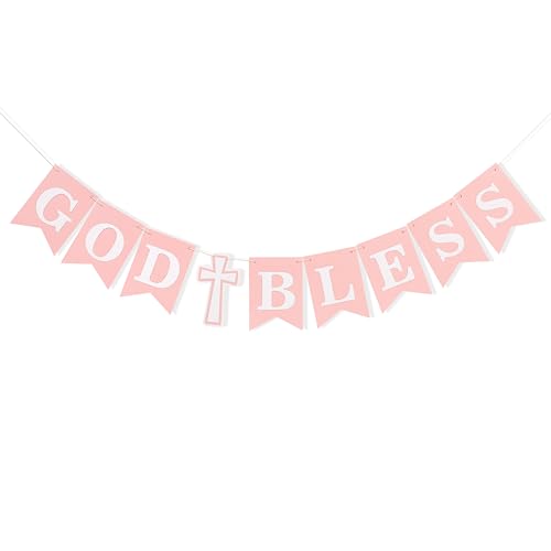 Image of God Bless Banner for Baptism - First Communion Decorations, Baby Christening Backdrop Decor, Christening Garland for Boys Girls, Confirmation Party Supplies, God Bless Banners with Cross for Baby Shower (Pink Baptism Banner)