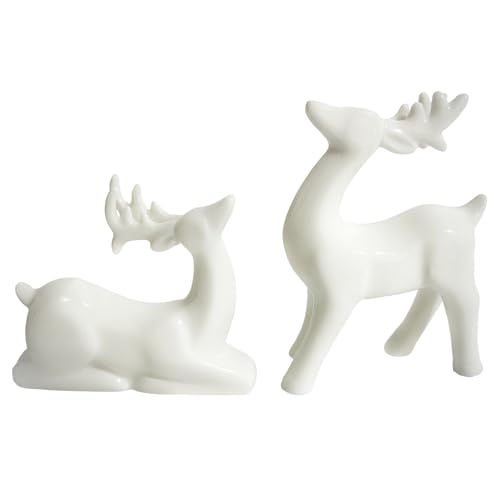 Bahacrky Ceramic Christmas Reindeer Figurines 2 Pcs White Reindeer Christmas Decor for Table Mantel Fireplace Shelf Home Indoor Decoration