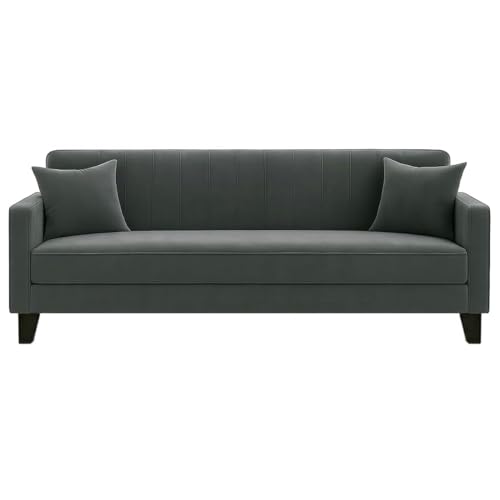 Image of FURNY Roveno 3 Seater Fabric Sofa Set for Living Room (Dark-Grey) Premium Velvet Finish | Durable & Comfortable Sofa | Ideal for Living Rooms