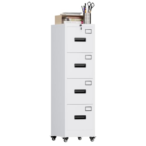 Image of Aobabo Metal 4 Drawer File Cabinet with Lock and Wheels,White | metal filing cabinet for letter /legal files and small office storage.
